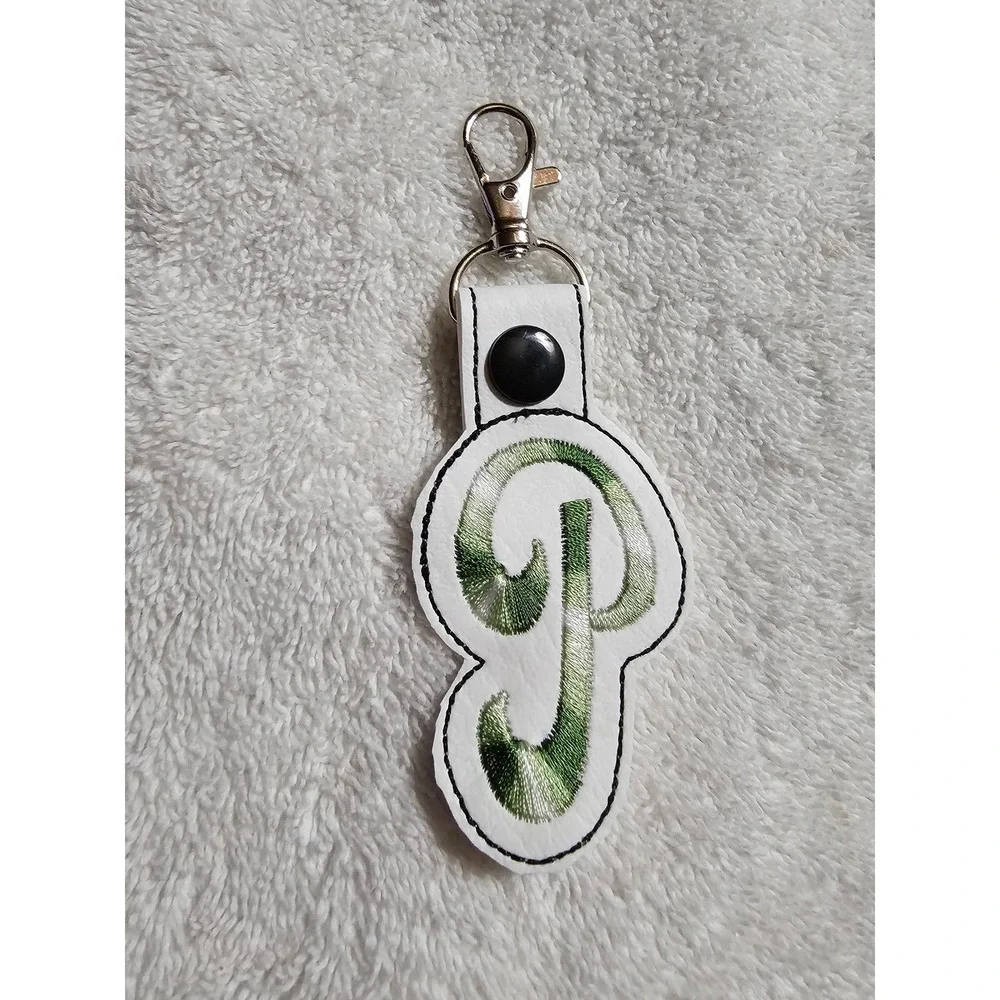 Initial P Keychain Embroidered‎ Letter P Keyring Bag Charm Green White